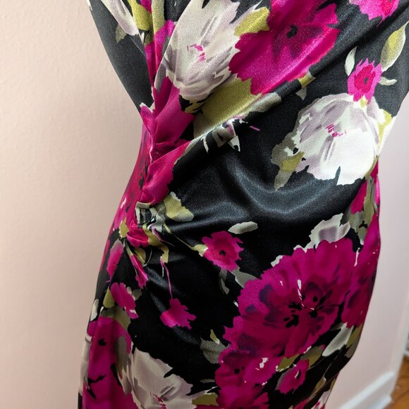 Elegant Floral Satin Midi Sheath Dress - Portrait Neckline Cocktail Event Size 8 - Picture 4 of 10